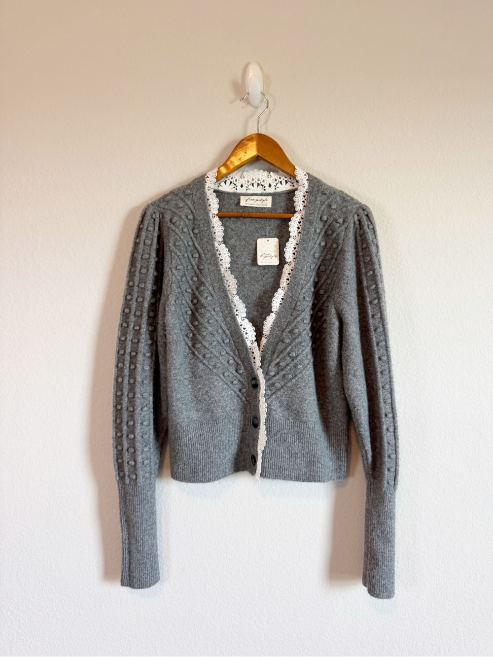 Free People Gray Lace Trim Softspun Long Sleeve Pom Pom Cardigan Sweater Size L